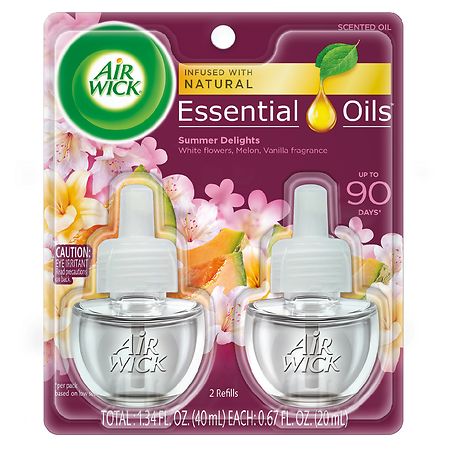 Air Wick Plug In Scented Oil with Essential Oils, Air Freshener Summer Delights (White Flowers/ Melon/ Vanilla), Twin Refill