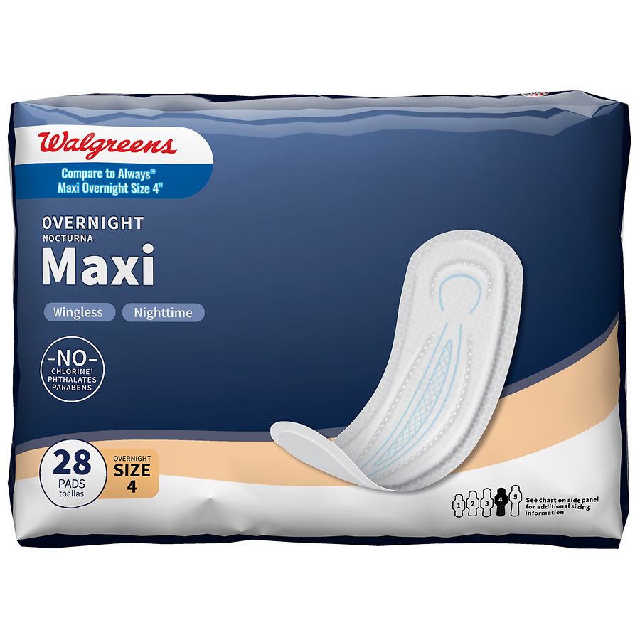 Always Maxi Pads Size 4 Overnight Absorbency Unscented without Wings, 28  Count