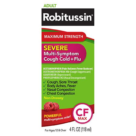 Robitussin Adult Maximum Strength Severe Multi-Symptom Cough Cold & Flu Raspberry, 4 oz
