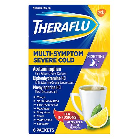TheraFlu Nighttime Multi-Symptom Severe Cold Hot Liquid Powder Green Tea & Citrus