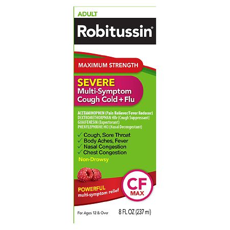 Robitussin Maximum Strength Adult Maximum Strength Severe Multi-Symptom Cough Cold + Flu CF Raspberry