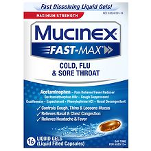 Mucinex Maximum Strength Cold, Flu, & Sore Throat Liquid Gels | Walgreens