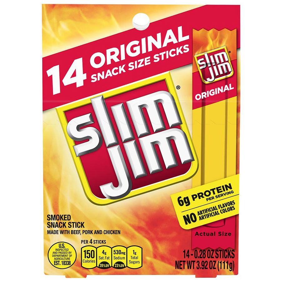 Photo 1 of 2 Pack -Slim Jim Snack Sized Original Smoked Snack Stick, Easy, On-the-Go School, Work and Travel Snacks, 0.28 OZ Meat Snacks, 14 Count
