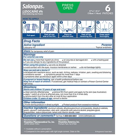 Salonpas Pain Relieving Gel-Patch with Maximum Strength Lidocaine