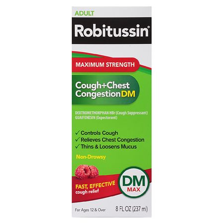Robitussin Adult Maximum Strength Cough + Chest Congestion DM Raspberry, 8 oz