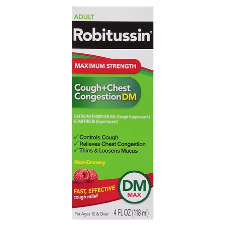 Robitussin Adult Maximum Strength Cough + Chest Congestion DM Raspberry, 4 oz