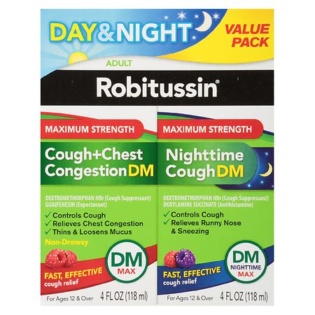 Robitussin DM Adult Maximum Strength Cough + Chest Congestion & Nighttime Cough DM Max Raspberry, Blue Raspberry