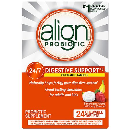 Align 24/ 7 Digestive Support Probiotic Supplement, Chewable Tablets Banana Strawberry