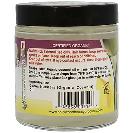HOLLYWOOD BEAUTY PURE Certified Organic Coconut Oil (4oz) HOLLYWOOD BEAUTY PURE Certified Organic Coconut Oil (4oz)