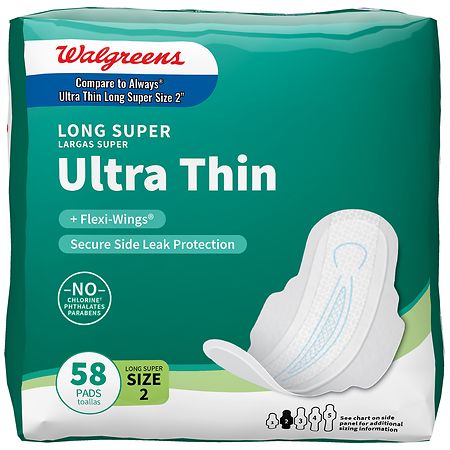 Walgreens Ultra Thin Maxi Pads, Long Super, With Flexi-Wings Unscented, Size 2 (ct 58)