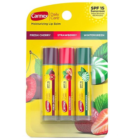 Carmex Daily Care Moisturizing Lip Balm, Lip Balm With Sunscreen SPF 15 Cherry/ Strawberry/ Wintergreen