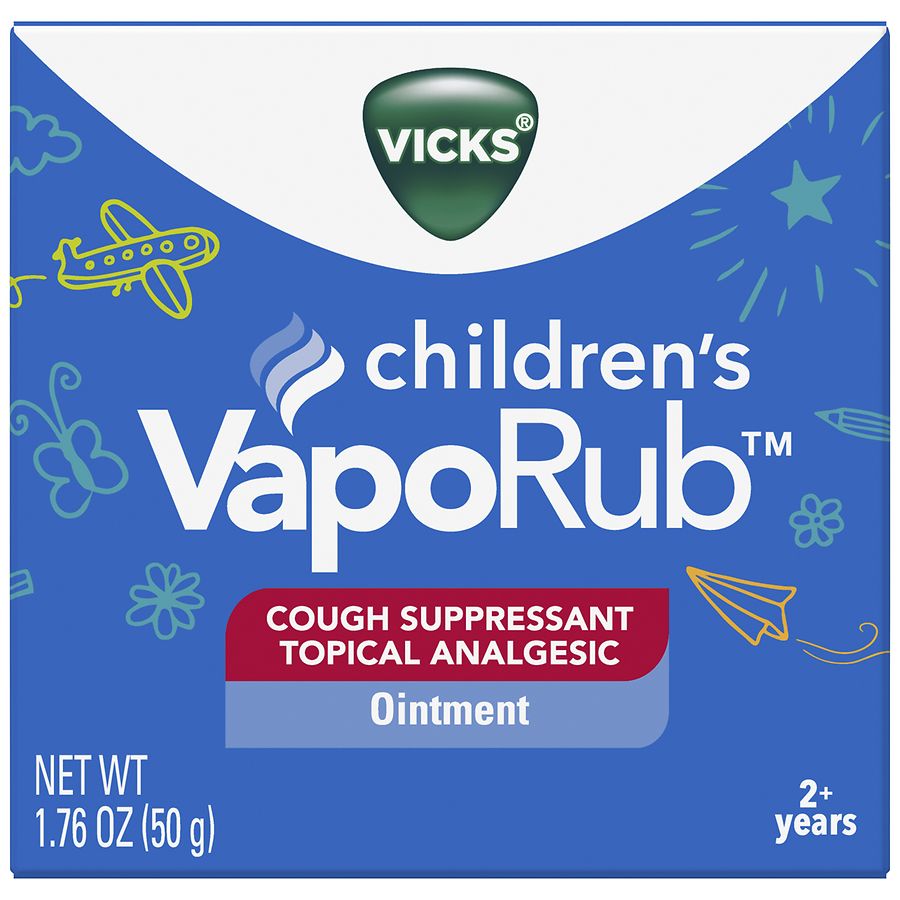 Vicks Vapo Rub adult children 2 years old + long duration 8 hours action  ointment 50 grams decongests nostrils nasal congestion relief, cough and  muscle pains.