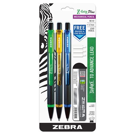 Zebra Grip Pencils With Free Lead & Eraser 0.7mm Assorted