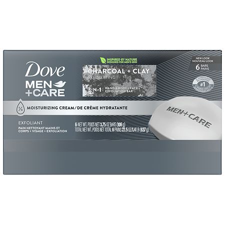 Dove Men+Care Charcoal + Clay Body and Face Bar, 6 ct / 3.75 oz