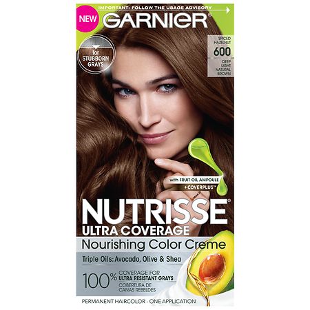 Garnier Nutrisse Ultra Coverage Permanent Hair Color For Stubborn Gray Coverage Deep Light Natural Brown (Spiced Hazelnut) 600