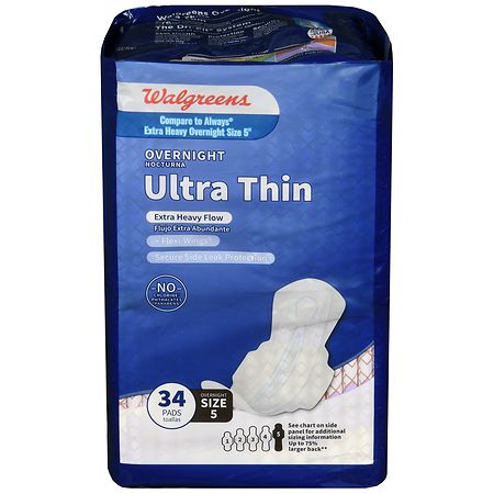 Walgreens Overnight Ultra Thin Pads + Flexi Wings Unscented, Size 5 (34 ct)