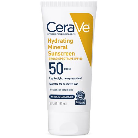 CeraVe Hydrating 100% Mineral Body Sunscreen SPF 50 with Zinc Oxide & Hyaluronic Acid