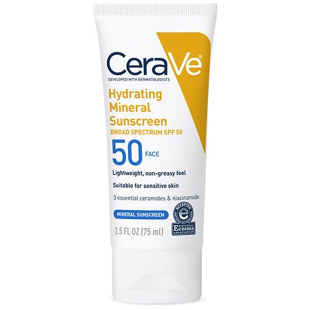 CeraVe Hydrating 100% Mineral Face Sunscreen SPF 50 with Zinc Oxide & Hyaluronic Acid