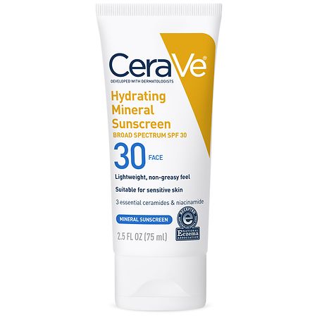 CeraVe Hydrating 100% Mineral Face Sunscreen SPF 30 with Zinc Oxide & Hyaluronic Acid