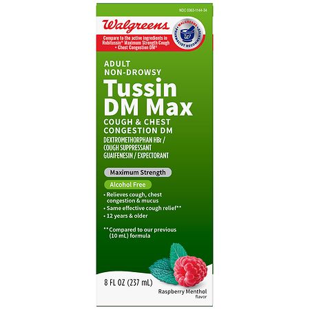 Walgreens Cough + Congestion Relief, Maximum Strength Liquid Cough Medicine Raspberry Menthol