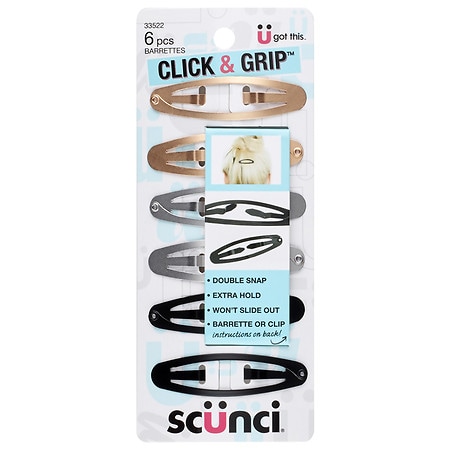 Scunci Click & Grip Double Snap Clip Hair Barrettes Gold, Silver and Black