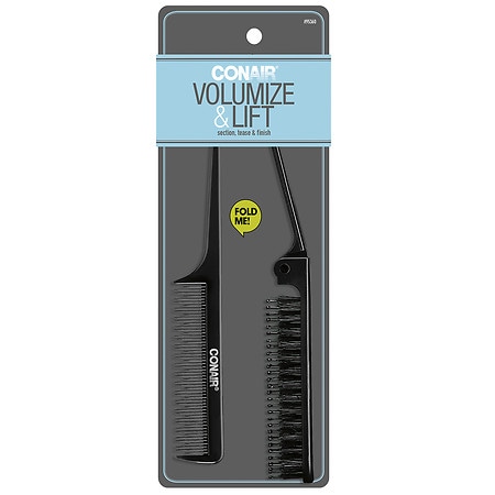 Conair Volumize & Lift Folding Porcupine Teasing Brush + Comb 2 Piece Set Black