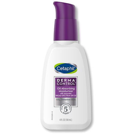 white bottle of oil-absorbing moisturizer with purple lid