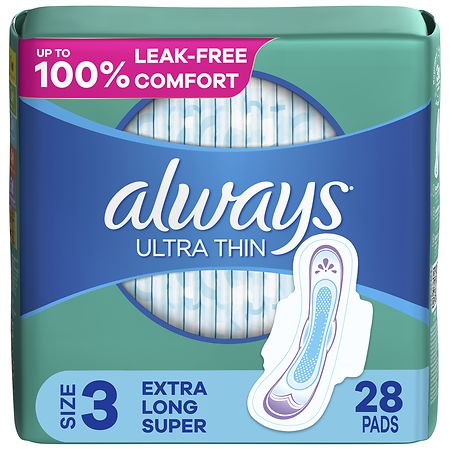 Always Ultra Thin Feminine Pads with Wings for Women, Extra Long Super Absorbency Unscented, Size 3 (ct 28)