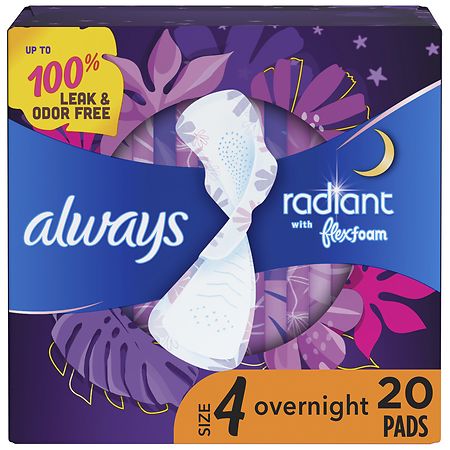 Always Radiant Pads, Overnight, with Wings Size 4