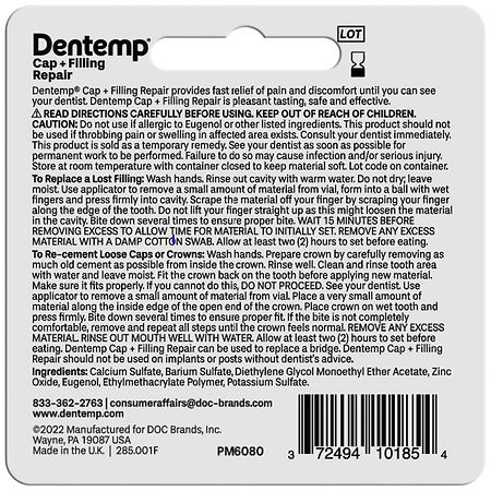Dentemp Refil-It Filling Repair Material - Temporary Tooth Filling Kit  (0.07 Oz) - Tooth Repair Kit for Instant Pain Relief - Long Lasting Tooth  Filling