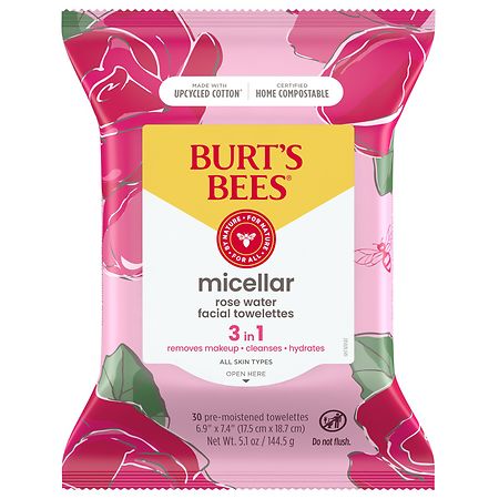 Burt's Bees Micellar Facial Towelettes With Rose Water, 99.5 Percent Natural Origin Rose Water
