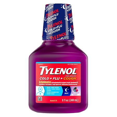 TYLENOL Cold + Flu + Cough Night Liquid Medicine Wild Berry