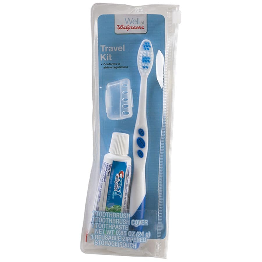 Walgreens Travel Kit with Toothbrush, Cover, Toothpaste, and Reusable Storage Pouch