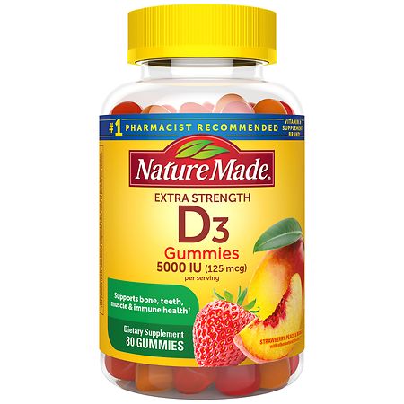 Nature Made Extra Strength Vitamin D3 5000 IU (125 mcg) per serving Gummies Strawberry, Peach, Mango