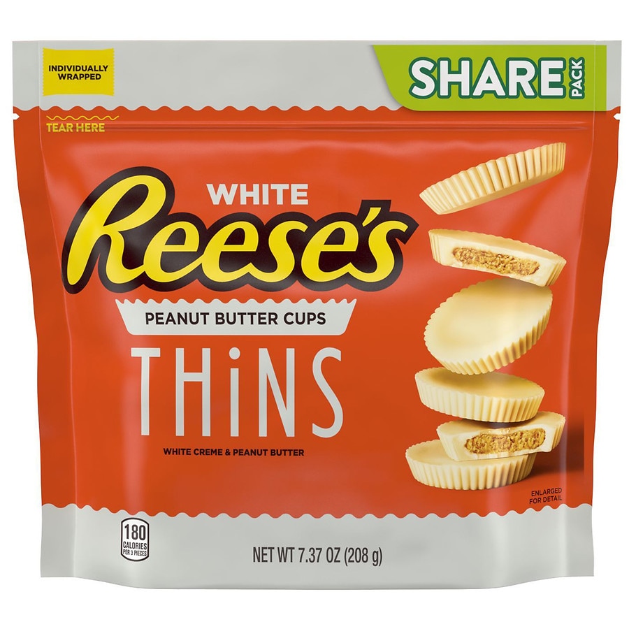 REESE'S Thins Cups Candy, Individually Wrapped, Share Pack White Creme Peanut Butter