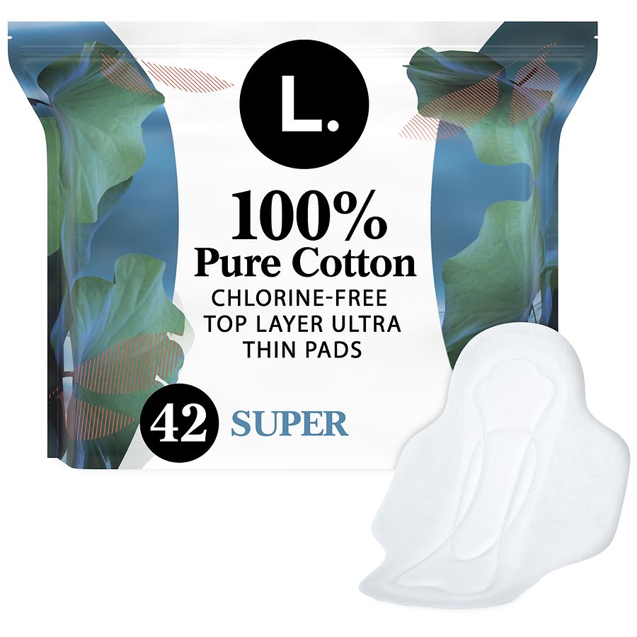 L. Chlorine Free Ultra Thin Pads, with Wings, Organic Top Sheet Unscented,  Super Absorbency