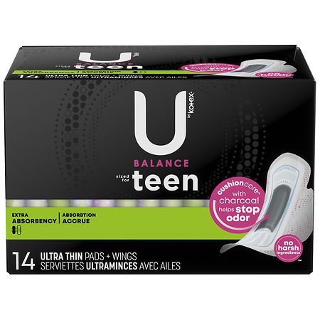 U by Kotex Balance Sized for Teens Ultra Thin Pads with Wings Unscented