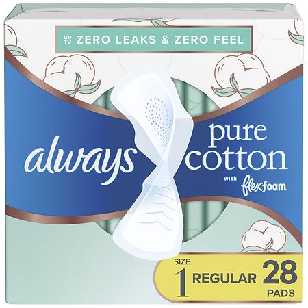 Always Pure Cotton Feminine Pads For Women, With Wings, Regular Unscented, Size 1 (28 ct)