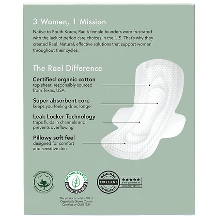 Rael Pads for Women, Organic Cotton Cover - Period Pads with  Wings, Feminine Care, Sanitary Napkins, Heavy Absorbency, Unscented, Ultra  Thin (Extra Long Overnight, 24 Count) : Automotive