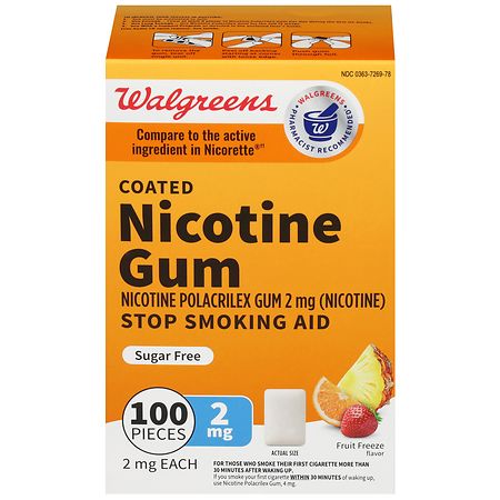 Walgreens Nicotine Polacrilex Coated Gum, 2 mg, Stop Smoking Aid Fruit Freeze