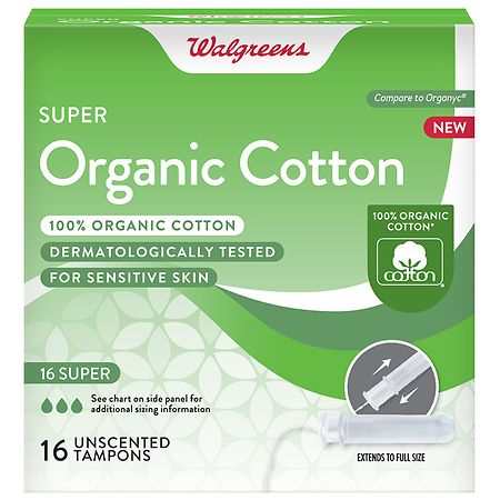 Walgreens Organic Cotton Plastic Applicator Tampon Unscented, Super Absorbency