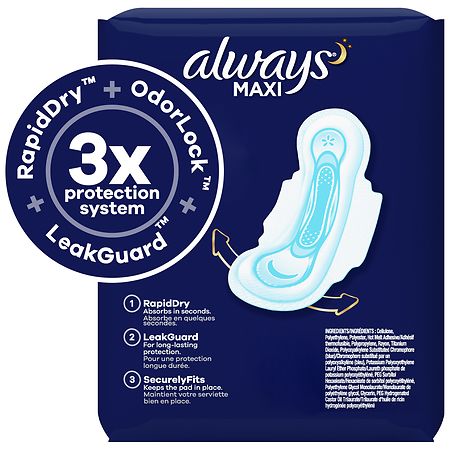 Always Maxi Pads, Overnight, with Wings Unscented, Size 4