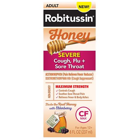 Robitussin Max Day Adult Syrup For Severe Cough Flu + Sore Throat Honey Elderberry, 8 oz