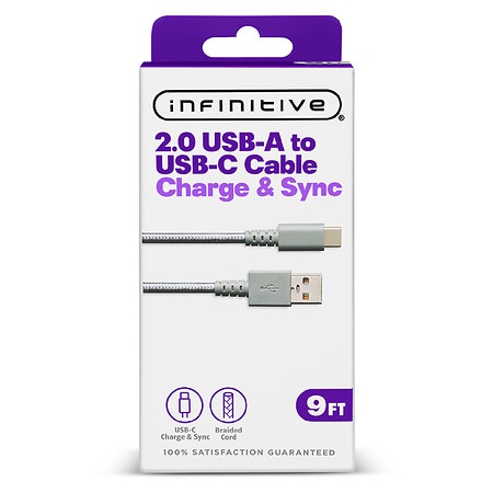 Infinitive USB A to C Braided Cable 9 ft Space Grey