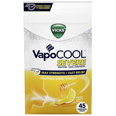 Vicks VapoCool Severe Medicated Sore Throat Drops Honey Lemon Chill