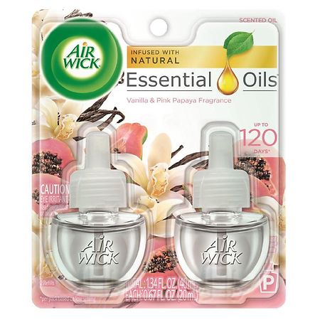 Air Wick Plug In Scented Oil with Essential Oils, Air Freshener Vanilla & Pink Papaya, Twin Refill