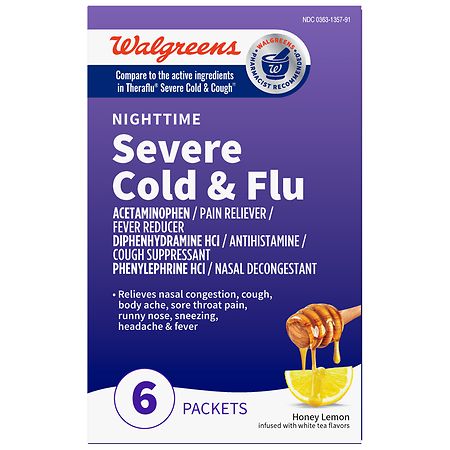 Walgreens Nighttime Severe Cold and Cough Powder, Hot Liquid Therapy for Fast Relief Honey Lemon Infused with White Tea