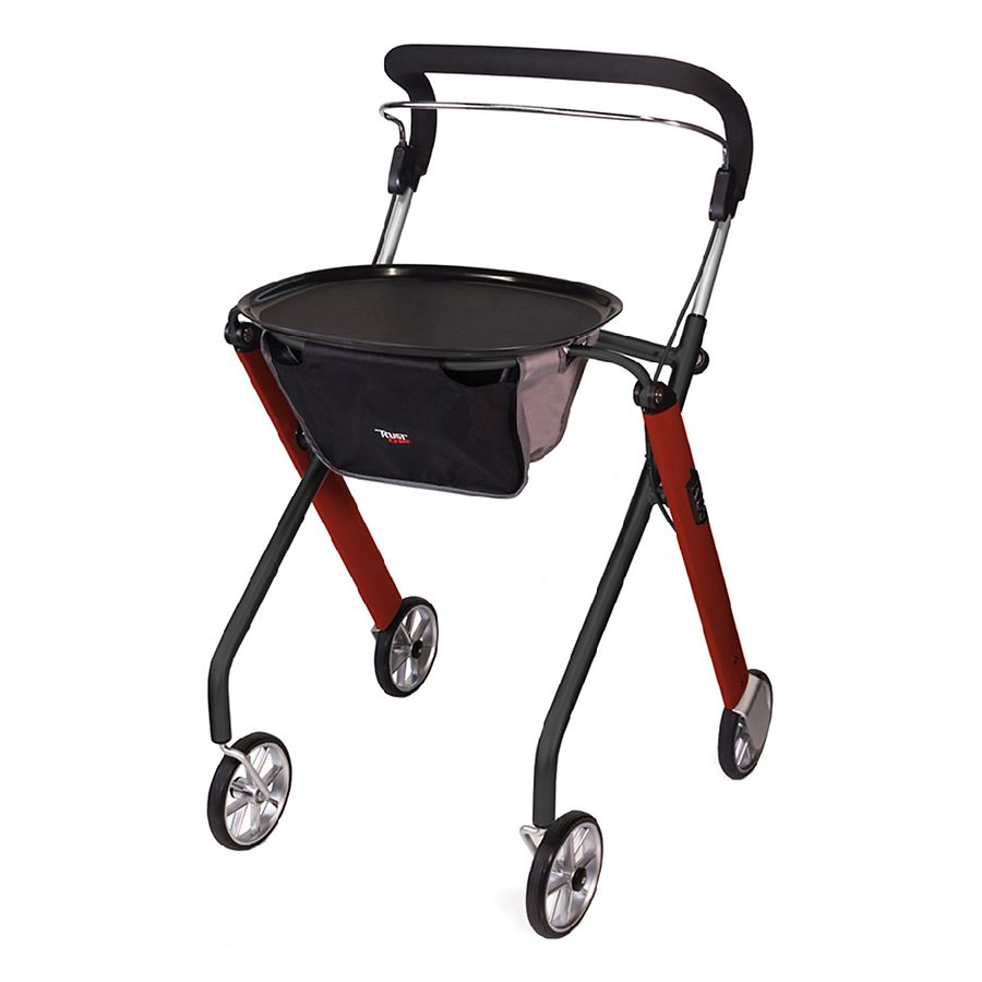 Stander Let's Go Indoor Rollator, Four Wheel Walker with Tray, Red