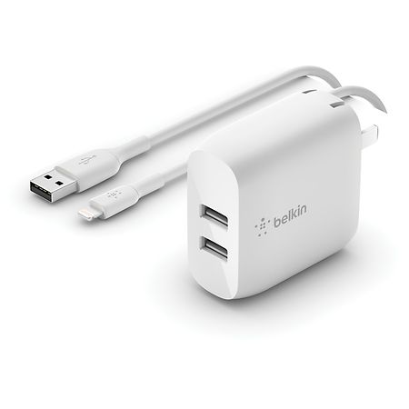 Belkin 24W Dual USB-A Wall Charger White USB A to LGT 1M White