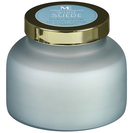 Modern Expressions Soy Wax Blend Candle White Suede, 15 oz Light Blue